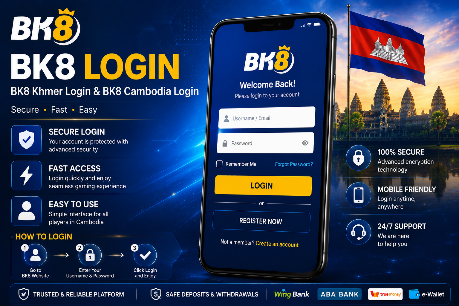 BK8 Login promotional banner featuring a secure login interface, BK8 Cambodia branding, smartphone access, Cambodia flag, Angkor Wat background, and login steps for Cambodian users.