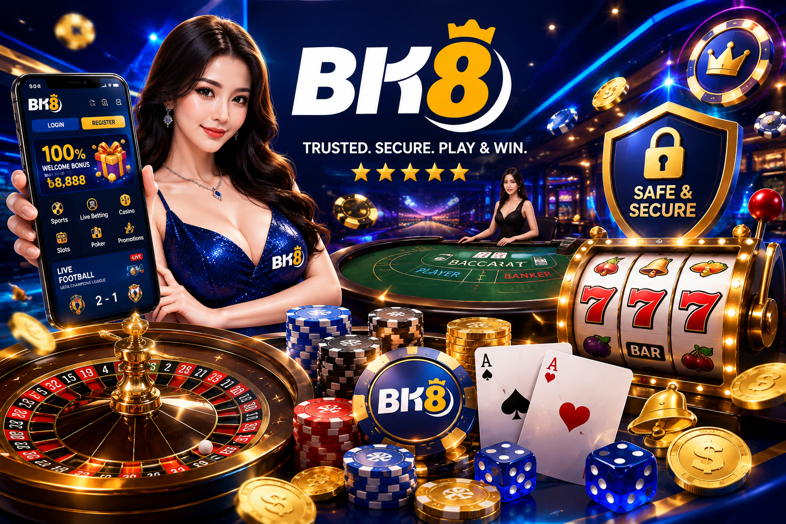 BK8 online casino illustration featuring major iGaming elements such as a baccarat table, roulette wheel, 777 slot machine, playing cards, casino chips, gold coins, a security shield, and a mobile casino interface, representing trust, security, and the online gaming experience on BK8.