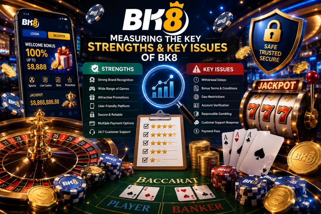 BK8 online casino illustration showing a strengths and key issues evaluation with major iGaming elements including roulette, baccarat, 777 slot machines, playing cards, casino chips, gold coins, a mobile casino interface, analytics charts, rating checklist, and security shield.
