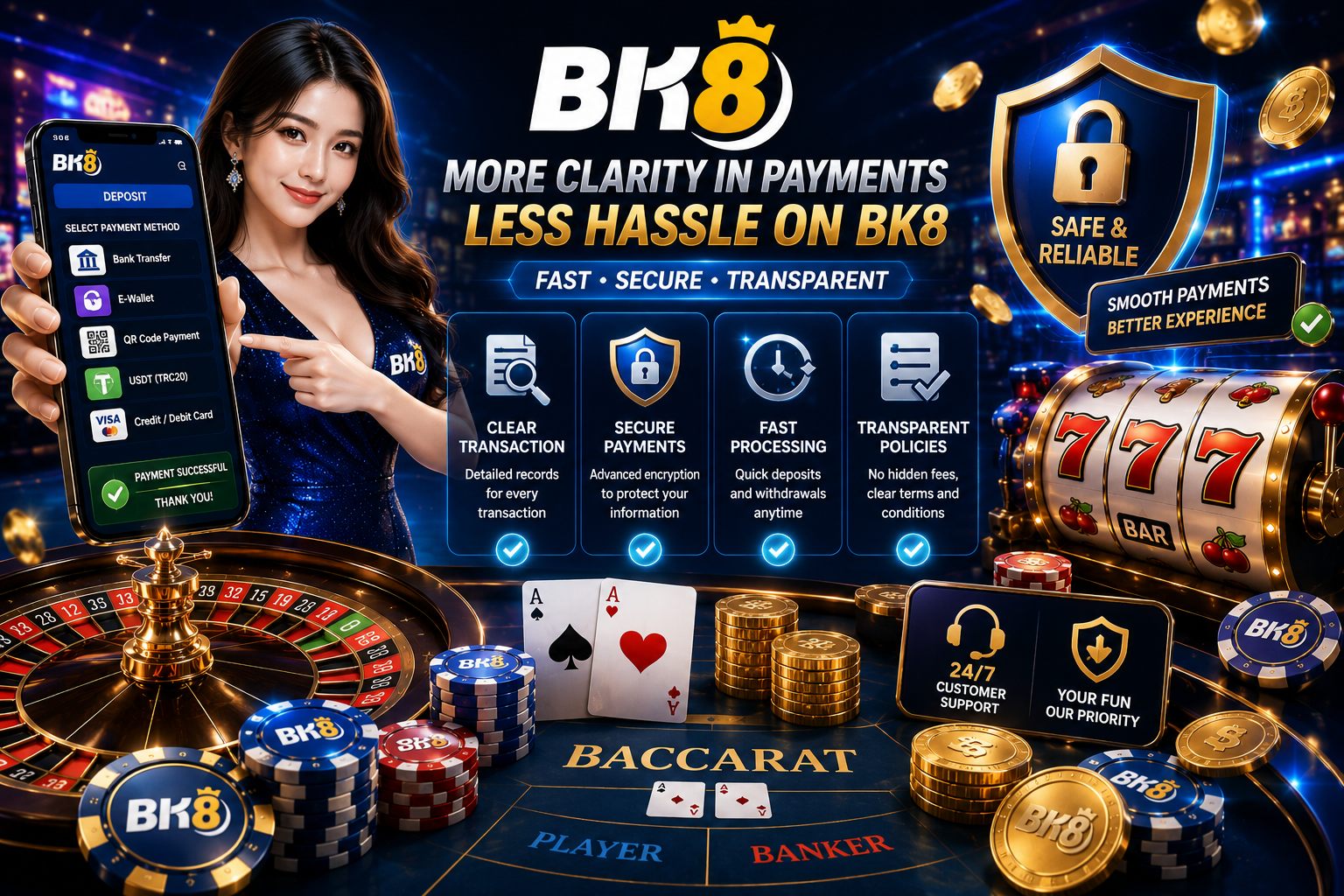 BK8 online casino illustration featuring secure payment methods, mobile transactions, roulette, baccarat, 777 slot machines, playing cards, casino chips, gold coins, security shields, and customer support elements, highlighting payment transparency, fast processing, secure transactions, and a smoother user experience.
