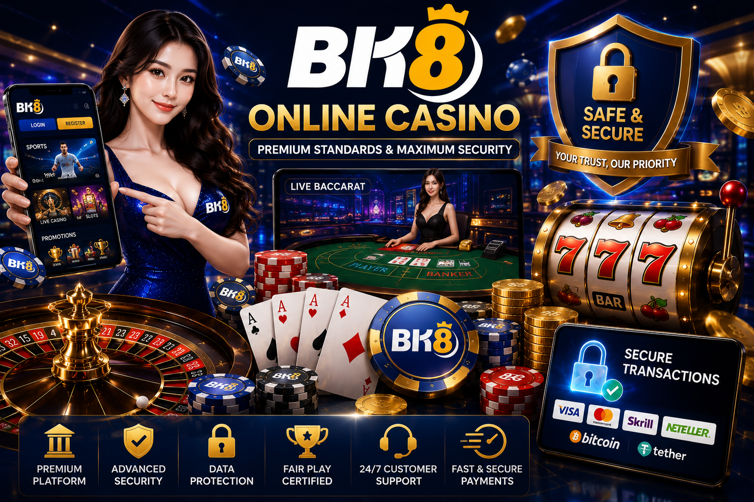 BK8 online casino illustration featuring a premium gaming platform with live baccarat, roulette, 777 slot machines, playing cards, casino chips, gold coins, a mobile casino interface, security shield, secure transactions, data protection, fair play, customer support, and fast payment elements.