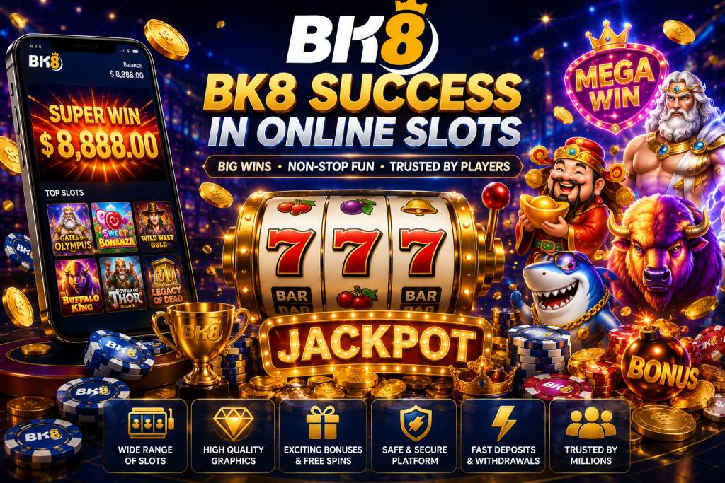 BK8 online slots illustration featuring a large 777 slot machine, jackpot sign, winning mobile casino interface, gold coins, casino chips, trophy, bonus elements, and colorful slot characters, highlighting the popularity and success of BK8 online slots.