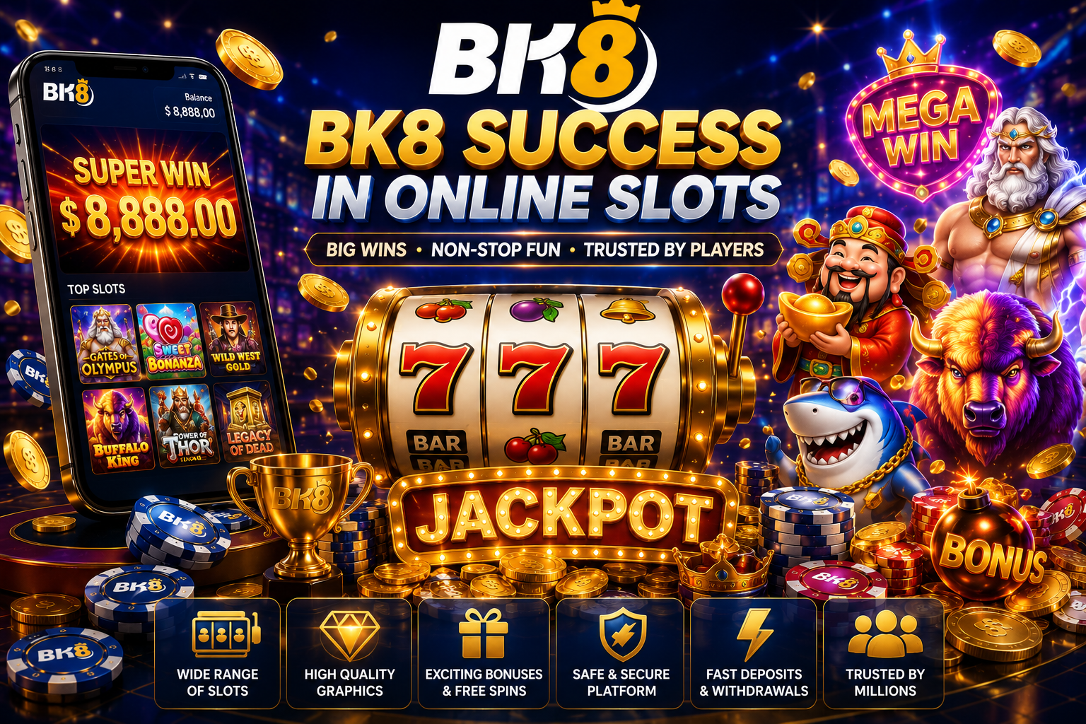 BK8 online slots illustration featuring a large 777 slot machine, jackpot sign, winning mobile casino interface, gold coins, casino chips, trophy, bonus elements, and colorful slot characters, highlighting the popularity and success of BK8 online slots.