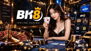 BK8 online casino feature image showing a luxury casino setting with a live dealer, roulette wheel, playing cards, casino chips, dice, and a mobile interface featuring slots, live casino, sports, and promotions.