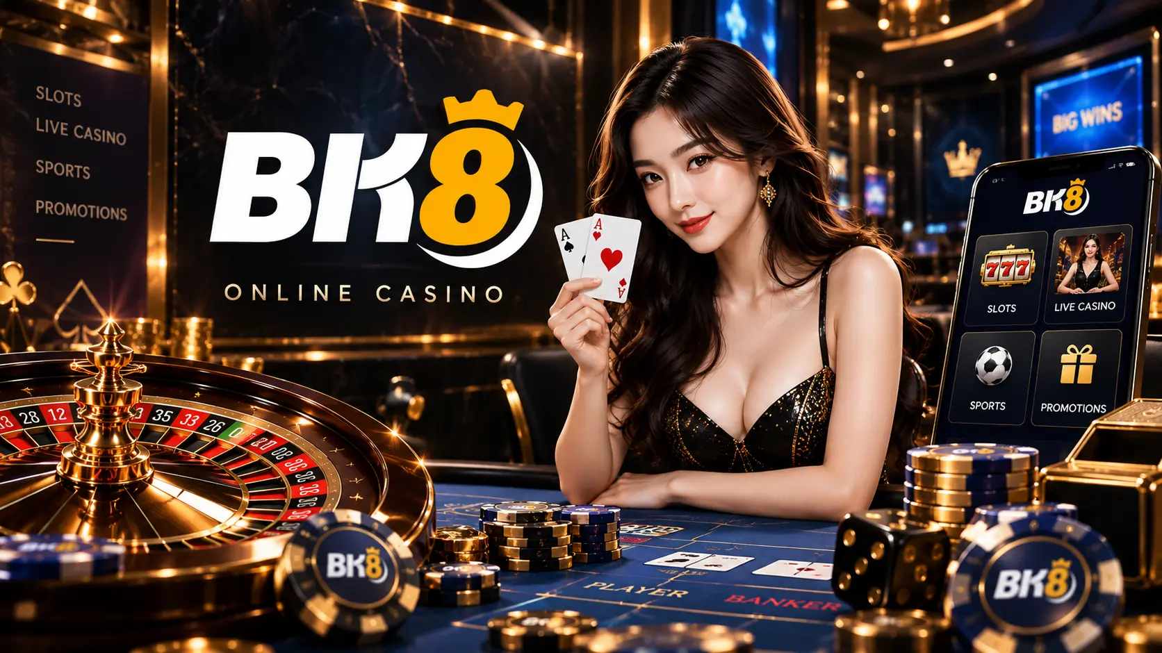 BK8 online casino feature image showing a luxury casino setting with a live dealer, roulette wheel, playing cards, casino chips, dice, and a mobile interface featuring slots, live casino, sports, and promotions.