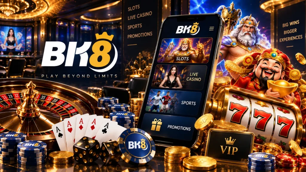 BK8 online casino feature image showcasing a mobile gaming platform with slots, live casino, sports and promotions, surrounded by a 777 slot machine, roulette wheel, playing cards, casino chips, gold coins, dice and colorful gaming characters.