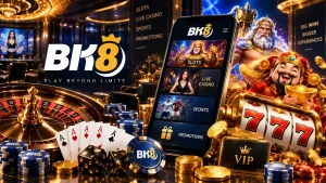 BK8 online casino feature image showcasing a mobile gaming platform with slots, live casino, sports and promotions, surrounded by a 777 slot machine, roulette wheel, playing cards, casino chips, gold coins, dice and colorful gaming characters.