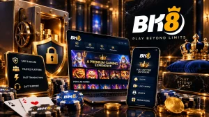 BK8 online casino feature image showing the gaming platform on laptop and mobile devices, surrounded by casino chips, playing cards, gold coins, a security shield and vault, highlighting slots, live casino, sports, promotions, secure transactions and multi-device access.