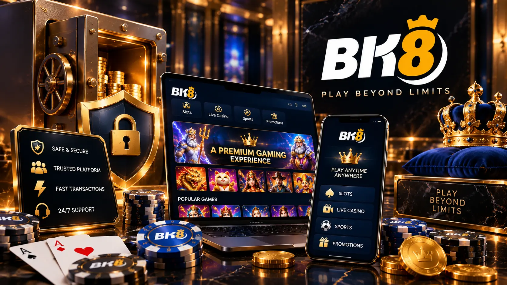 BK8 online casino feature image showing the gaming platform on laptop and mobile devices, surrounded by casino chips, playing cards, gold coins, a security shield and vault, highlighting slots, live casino, sports, promotions, secure transactions and multi-device access.