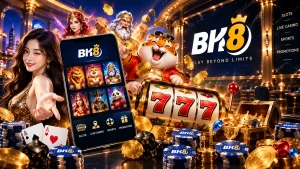 BK8 online casino feature image showcasing a mobile gaming platform with colorful slot titles, a large 777 slot machine, casino characters, gold coins, chips, playing cards, dice and a treasure chest, highlighting slots, live casino, sports and promotions.