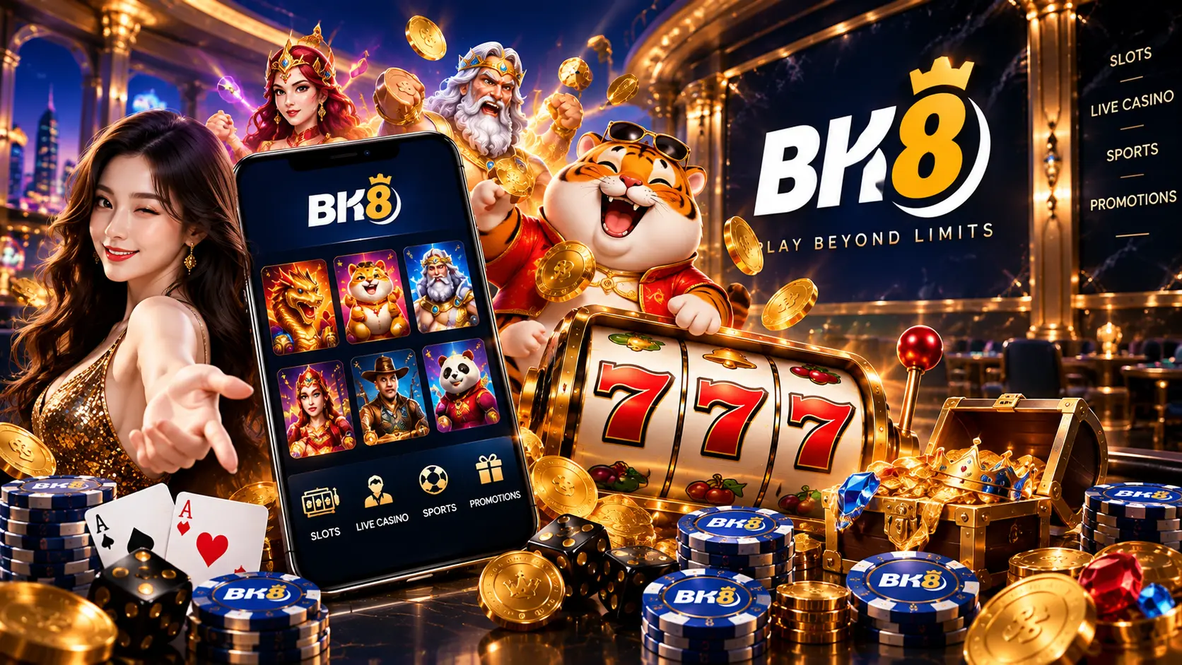 BK8 online casino feature image showcasing a mobile gaming platform with colorful slot titles, a large 777 slot machine, casino characters, gold coins, chips, playing cards, dice and a treasure chest, highlighting slots, live casino, sports and promotions.