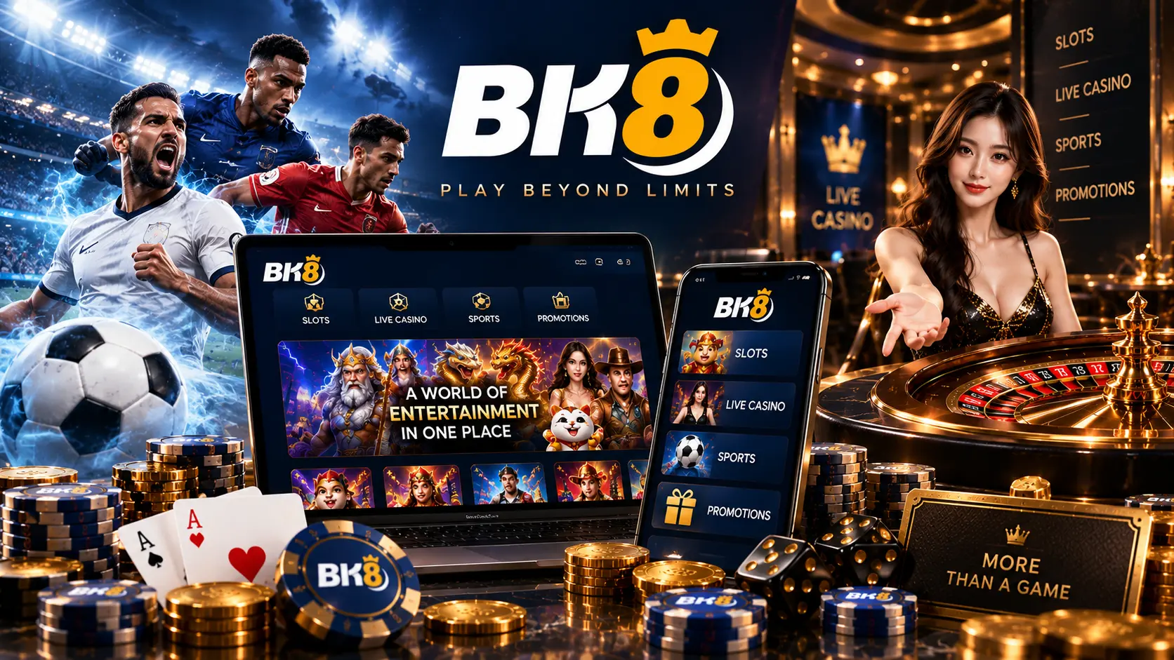 BK8 feature image combining online sports and casino entertainment with football action, live casino, roulette, slots, laptop and mobile gaming interfaces, playing cards, casino chips, dice and gold coins, highlighting slots, live casino, sports and promotions.